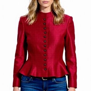 Vintage Lauren Ralph Lauren Red Linen Military Blazer Size 4 Preppy Holiday New